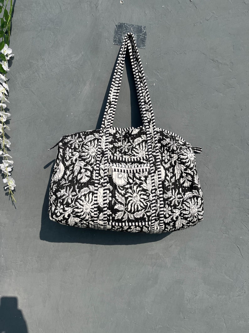 Cotton Floral Quilted Duffle Tote Bags Block Print Washable Eco