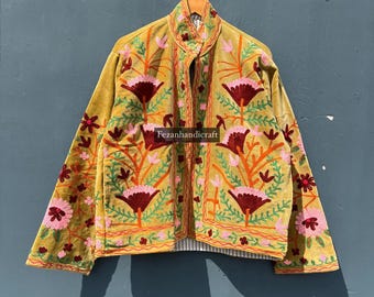 Handmade Cotton Velvet Suzani Jacket: Embroidered Bohemian Coat