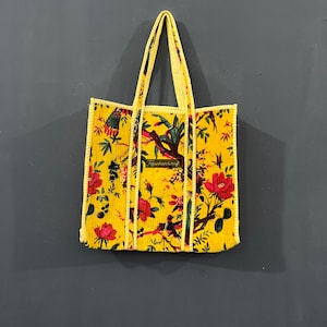 Velvet Cotton Bird print Tote bags Indian Shoulder Hand bags Inside Pocket With Lining