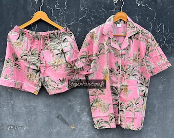 Indian Cotton Pajama Set: Jungle Print Short Sleeve PJs