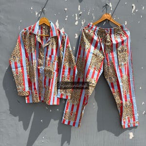Indian Tiger Print Striped Cotton Soft Night Suit Pj's, Pajamas Set Longwear Bridesmaid Womens Pants Shirt sets, Summer Dress Pajama set,