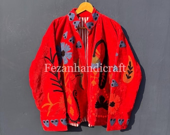 Red Velvet Suzani Jacket, Boho Embroidered Cotton Lined, Handmade