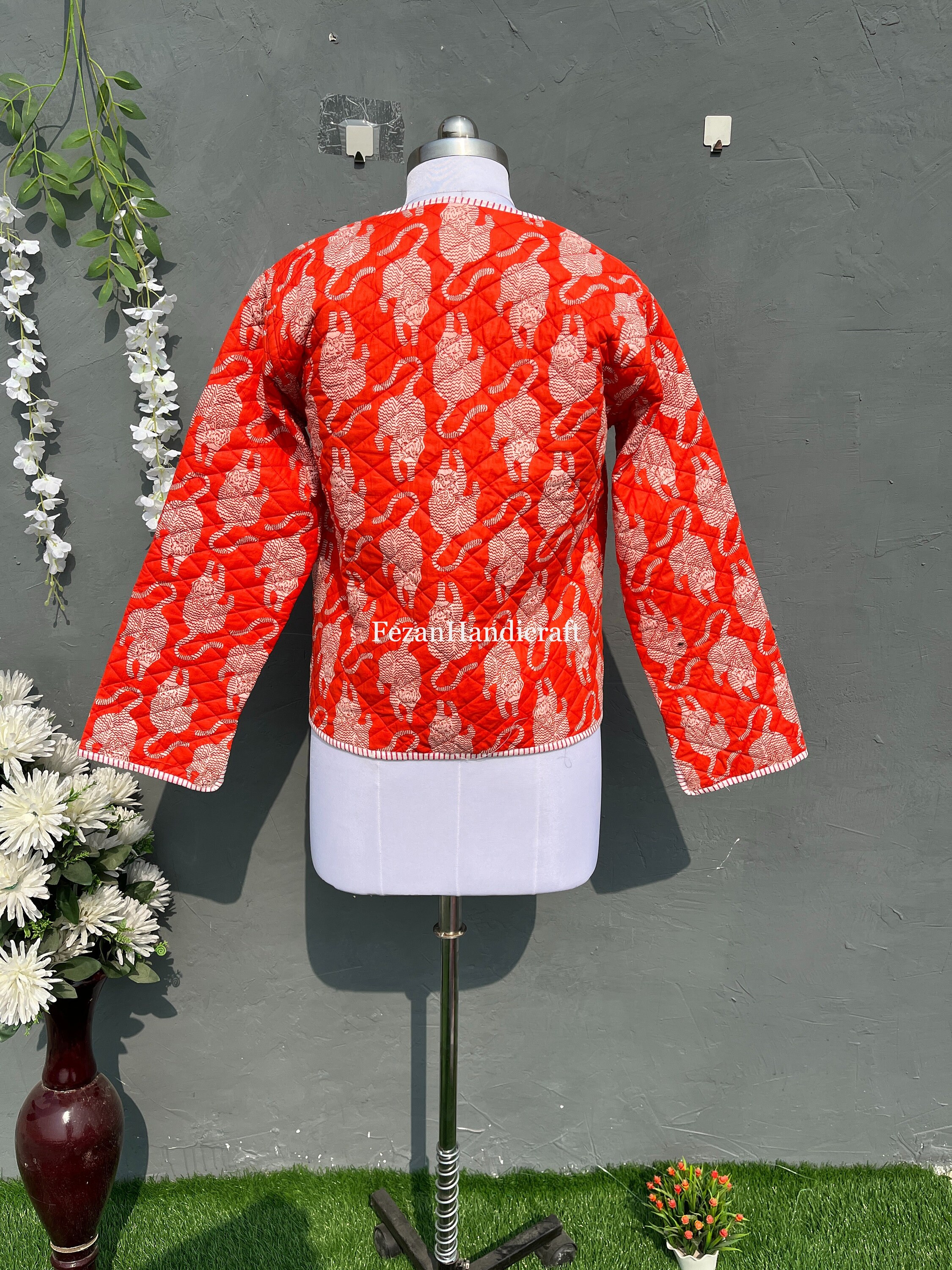 Cotton Quilted Tiger Print Jacket, Women Wear Front Open