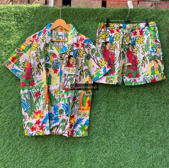 Indian Cotton Frida Kahlo Print Pajama Set: Handmade Women's Night Suit