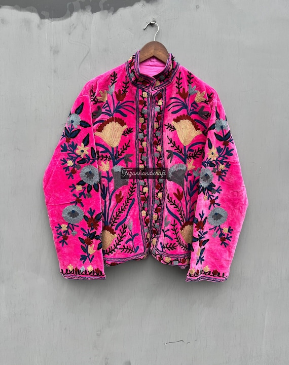 Velvet Suzani Embroidery Jacket: Indian Boho Cotton Coat