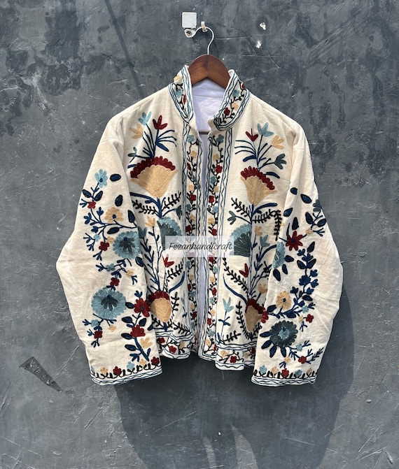 Velvet Suzani Embroidery Jacket: Indian Boho Kimono Coat