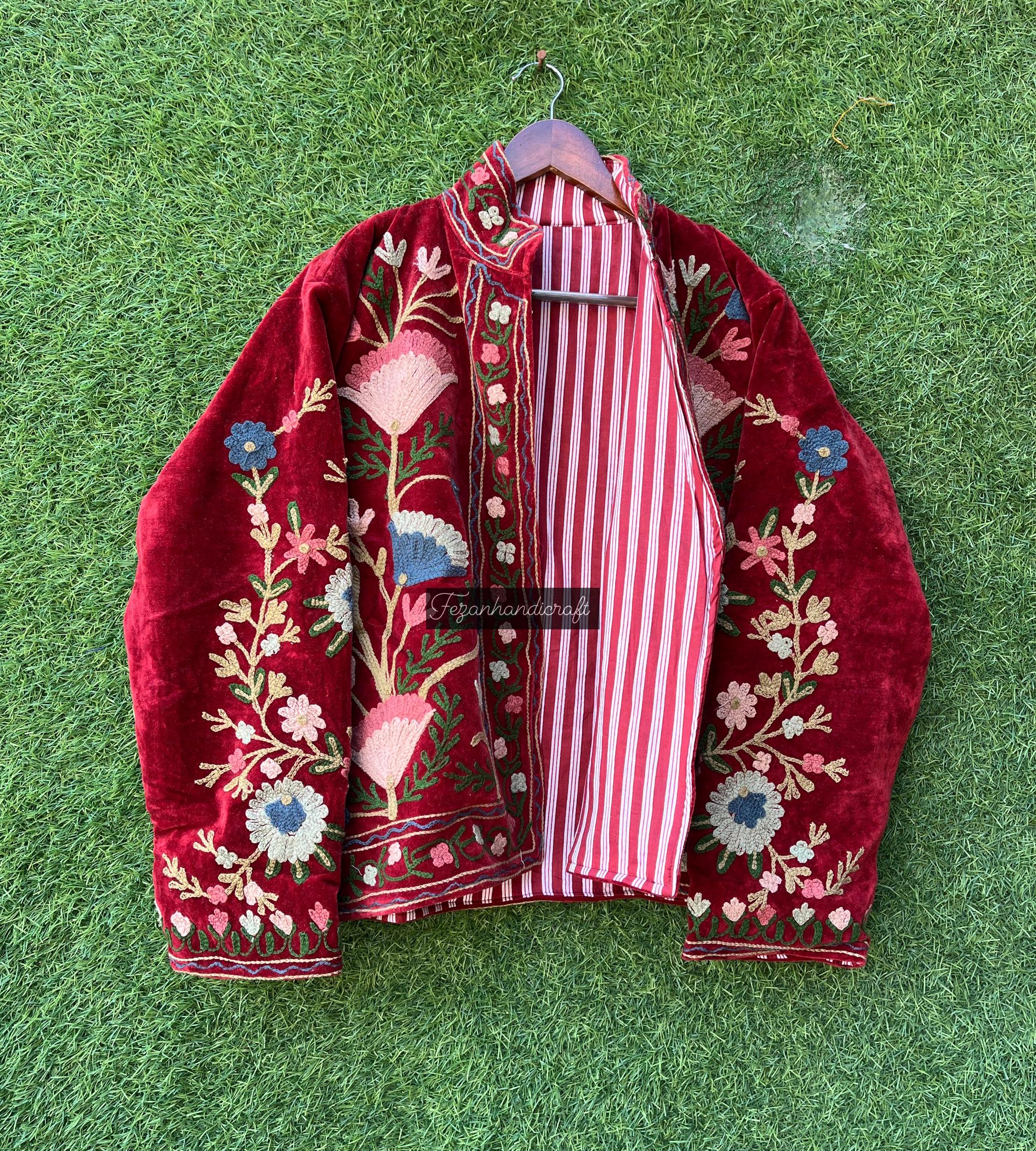 Suzani Velvet Jacket: Handmade Embroidered Cotton Lining, Boho Overcoat