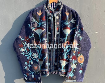 Blue Velvet Suzani Embroidered Jacket: Handmade Boho Overcoat