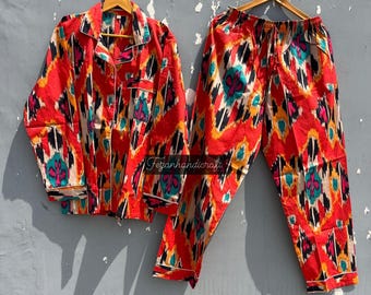 Ikat Print Cotton Pajama Set: Women's Longwear Night Suit