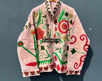 Handmade Cotton Velvet Suzani Jacket: Embroidered Boho Coat