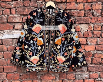 Luxury Embroidered Black Suzani Coat, Work, Elegant Indian Velvet Jacket– Unique Artisan Outerwear