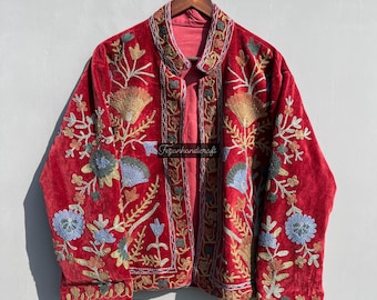 Velvet Suzani Embroidery Jacket: Indian Boho Cotton Coat