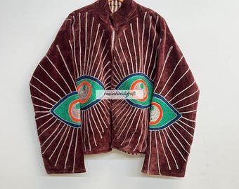 Suzani Evil Eye Velvet Jacket, Uzbek Style, Handmade Cotton Coat