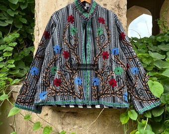 Suzani 刺繍コットン ジャケット: ボヘミアン ヘリンボーン カディ