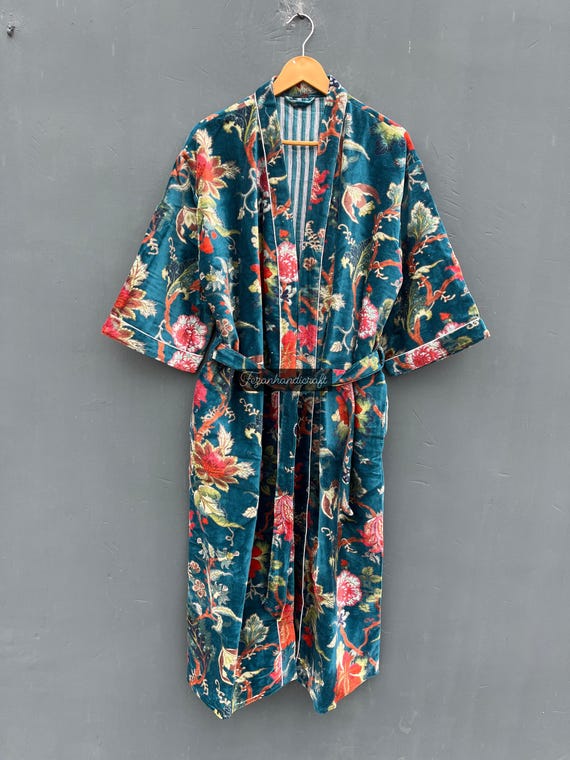 Indian 100% Cotton Velvet Floral Printed Kimono Robes, Morning