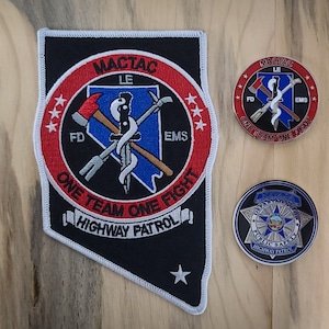 May include: Three embroidered patches with the text "MACTAC LE ONE TEAM ONE FIGHT HIGHWAY PATROL" and a graphic of a crossed fire axe, medical symbol, and a pickaxe. The patches are on a wooden surface.