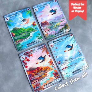 May include: Four Charizard ex trading cards featuring distinct seasonal landscapes including tropical, volcanic, autumn, and winter themes. Each card displays 330 HP, Brave Wing and Explosive Vortex attacks, and the text Charizard ex.