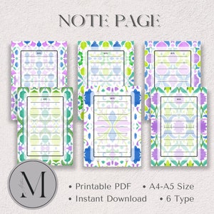 6 Digital Note Page, Printable, Instant Download, 6 Type, A4-A5 Size, Cultural Watercolor Floral Pattern