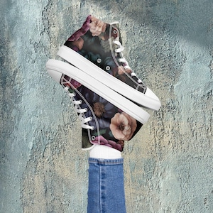 Gothic Floral High Top Sneakers – Women’s Dark Flower Print Shoes, Alternative Fashion, Goth Streetwear, Grunge Sneakers, Witchy Footwear