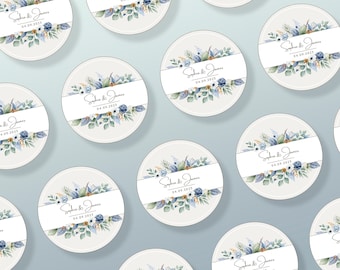 Etiquetas y pegatinas digitales imprimibles para bodas con letras y colores personalizados. Papelería de boda personalizada