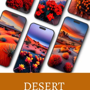 May include: A collection of six smartphone screens showcasing desert landscapes with vibrant wildflowers in bloom. The images feature a variety of desert scenes, including red sand dunes, rocky mountains, and lush vegetation. The text "DESERT BLOOM" is displayed below the images.