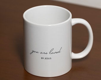 Christian Jesus mug with saying “You are loved by Jesus”, minimalist, aesthetic, Christian gift