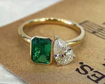 1.67 CT Natural Zambian Emerald & Pear Cut Moissanite Engagement Ring / 14k Solid Gold Two Stone Toi Et Moi Ring /  Unique Wedding Gift Ring