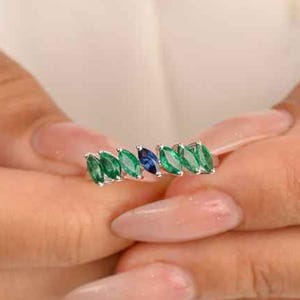 14k Solid Gold Dual Birthstone Band | 4x2mm Marquise Cut Blue Sapphire & Emerald Ring | Stackable Engagement Band | Bridal Fine Jewelry Gift