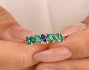 14k Solid Gold Dual Birthstone Band | 4x2mm Marquise Cut Blue Sapphire & Emerald Ring | Stackable Engagement Band | Bridal Fine Jewelry Gift