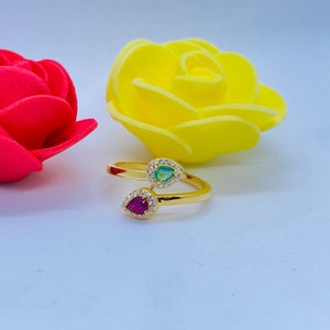 Dual Birthstone Ring / 4x3mm Pear Cut Real Ruby & 0.22 CT Natural Emerald Bridal Ring / 14k Solid Gold Stackable Diamond Ring / Ruby Jewelry