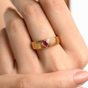 Handmade 14k Solid Gold Signet Ring | 5mm Heart Cut Natural Ruby Women&#39;s Ring | July Birthstone Jewelry | Statement Bridal Engagement Gift