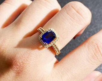 Tanzanite Diamond Halo Proposal Ring | 6mm Cushion Cut December Birthstone Ring | 14k Gold Tanzanite Wedding Ring | Minimalist Fine Jewelry