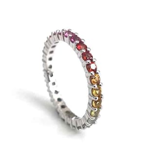 Multi Color Sapphire Eternity Band / 14K Yellow Gold Wedding Ring / 1.5mm Round Cut Gemstone Band / Colorful Anniversary Fine Jewelry Gift