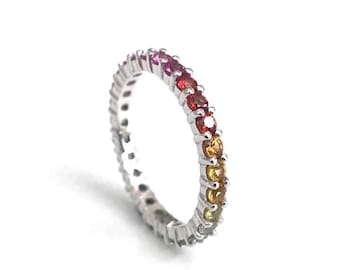 Multi Color Sapphire Eternity Band / 14K Yellow Gold Wedding Ring / 1.5mm Round Cut Gemstone Band / Colorful Anniversary Fine Jewelry Gift
