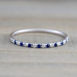 Sapphire and Diamond Wedding Band in 14k Solid Gold / Stackable Genuine Blue Sapphire Ring / September Birthstone / Minimalist Bridal Ring