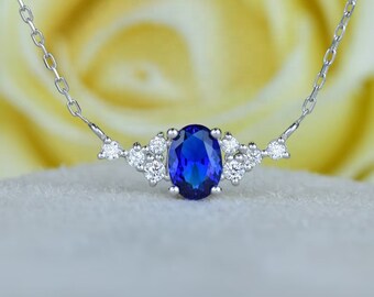 ブルーサファイアとダイヤモンドのネックレス、14Kソリッドゴールドの婚約ネックレス、誰にでも喜ばれるギフト、VS E-Fの高品質ダイヤモンドと天然サファイア