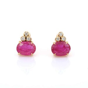 Elegant 14k Real Gold Diamond Stud Earrings | 1.75 CT Natural Burma Ruby Wedding Studs | Oval Cut July Birthstone Jewelry | Anniversary Gift