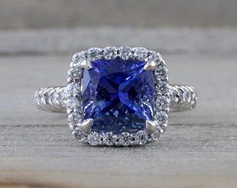 Halo Solitaire Ring, 14k Solid White Gold Diamond Ring, Natural 1.5CTW Tanzanite Cushion Cut Gemstone Ring, Birthstone Ring, Gift To Wife