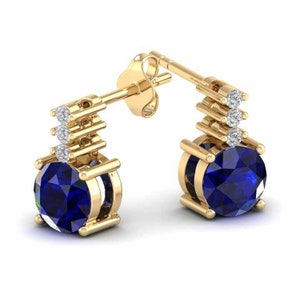 14k Gold Blue Sapphire Earrings with Diamond Accents
