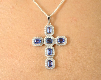 1.62 CTW Natural Blue Sapphire Cross Pendant | Solid 14k White Gold Diamond Halo Necklace | Religious Fine Jewelry | Christmas Gift for Her