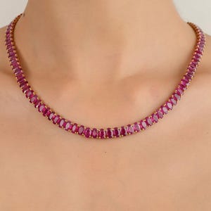 56.43 CTW Natural Burma Ruby Tennis Necklace | 14k Solid Yellow Gold Oval Cut Ruby Necklace | Luxury Bridal Jewelry | Gift for Wedding Party