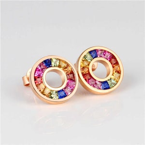 14k Yellow Gold Rainbow Sapphire Wedding Earrings | 2.12 CTW Multi Color Dainty Studs | Designer Bridal Jewelry | 30th Birthday Gift for Her