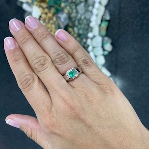 0.98 CT Natural Emerald May Birthstone Ring / 14k Real White Gold Bezel Set Solitaire Ring / Handmade Emerald Jewelry / Gift For Father