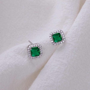14K Gold Emerald Diamond Stud Earrings | 4mm Cushion Cut Emerald with Halo Diamonds | Solid Gold Jewelry Gift for Her | May Birthstone Studs