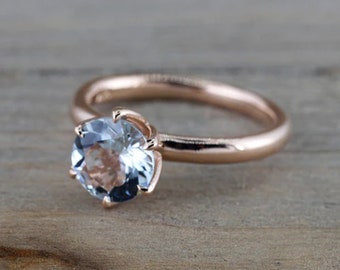 1.10 CT Real Aquamarine Solitaire Ring | 14k Gold Round Cut Gemstone Ring | Prong Set  Wedding Band | March Birthstone Engagement Gift Ring