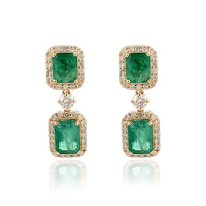 14k Solid Gold Diamond Cocktail Halo Earrings | 4.30 CTW Octagon Emerald Statement Studs | May Birthstone Bridal Jewelry | Gift for Bridal