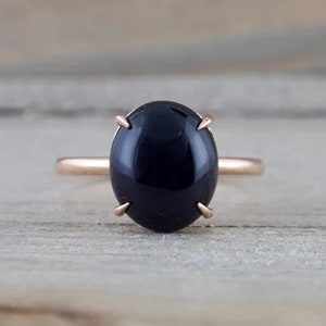 Solid 14k Gold Solitaire Ring / 1.30 TCW Natural Black Onyx Round Cab Gemstone Ring / Bridal Wedding Ring / July Birthstone Gift Ring For GF