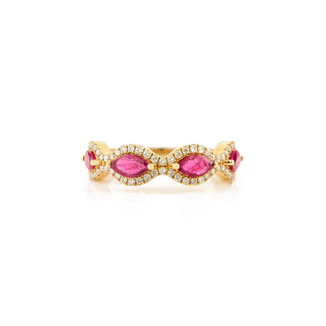 Ruby Stackable Aniversary Rings 1.20 CT Ruby & Diamond Half Eternity Band | 14k Yellow Gold Stackable ...
