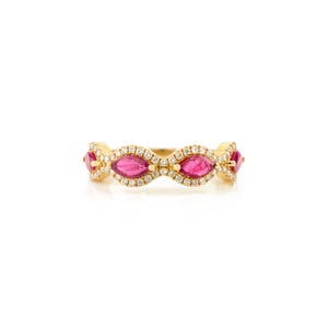 May include: A gold ring with alternating marquise-cut pink gemstones and small, round, clear gemstones. The ring has a delicate, ornate design, with the gemstones set closely together. The ring is displayed on a white background.
