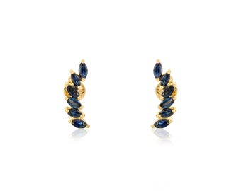 14k Real Yellow Gold Blue Sapphire Ear Crawler | 4x2mm Marquise Cut Dainty Ear Climber Earrings | Daily Wear Fine Jewelry | Anniversary Gift
